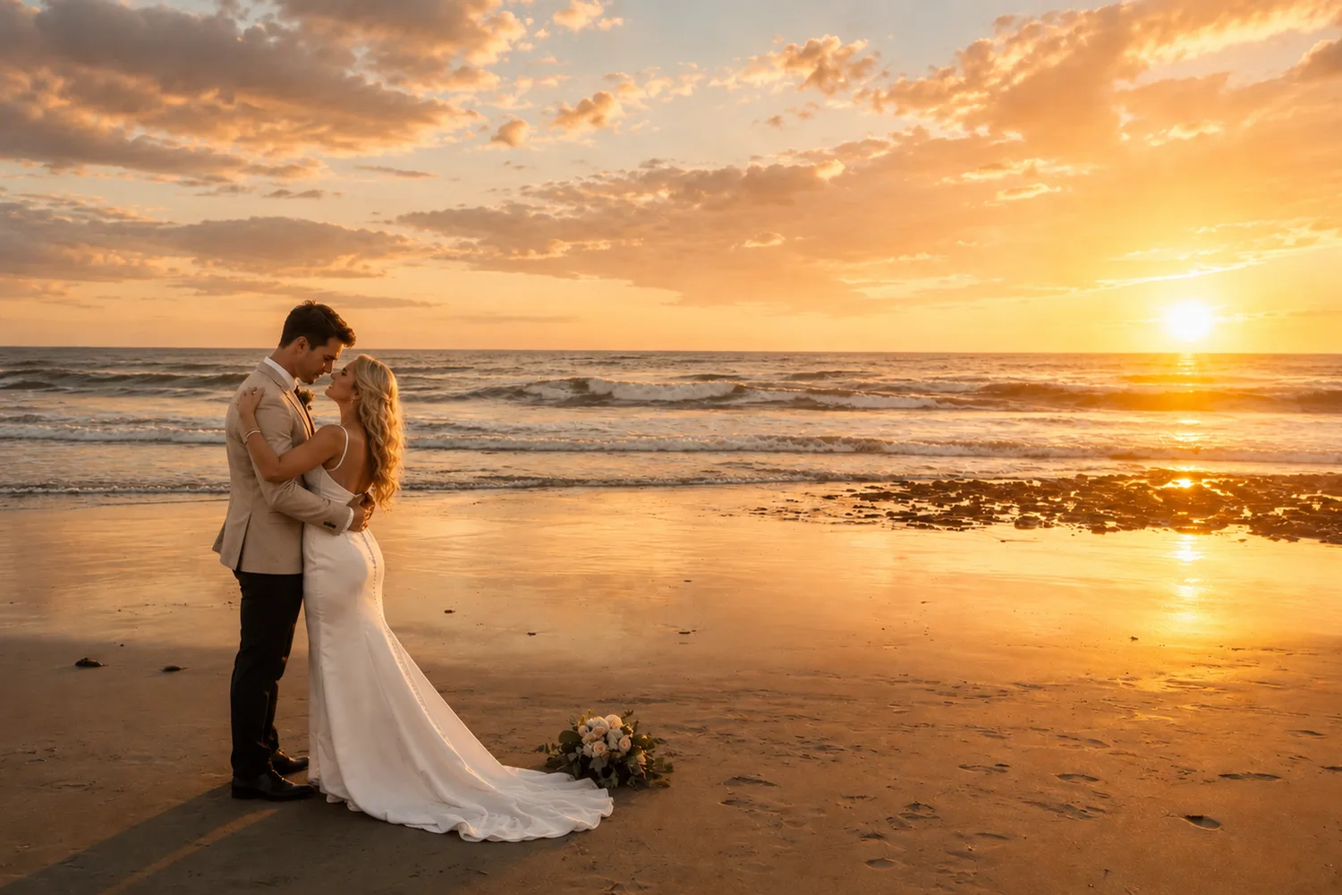 Bride with long blonde waves and groom in a sand-colored jacket embracing at the water's edge on Clearwater Beach, her bouquet resting on the sand beside them as the setting sun spills gold across the Gulf and the wet shoreline